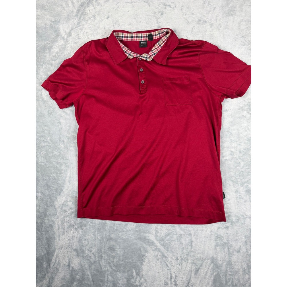 Hugo Boss Mens XXL Red Short Sleeve Polo Shirt Regular Fit Plaid Trim Pocket